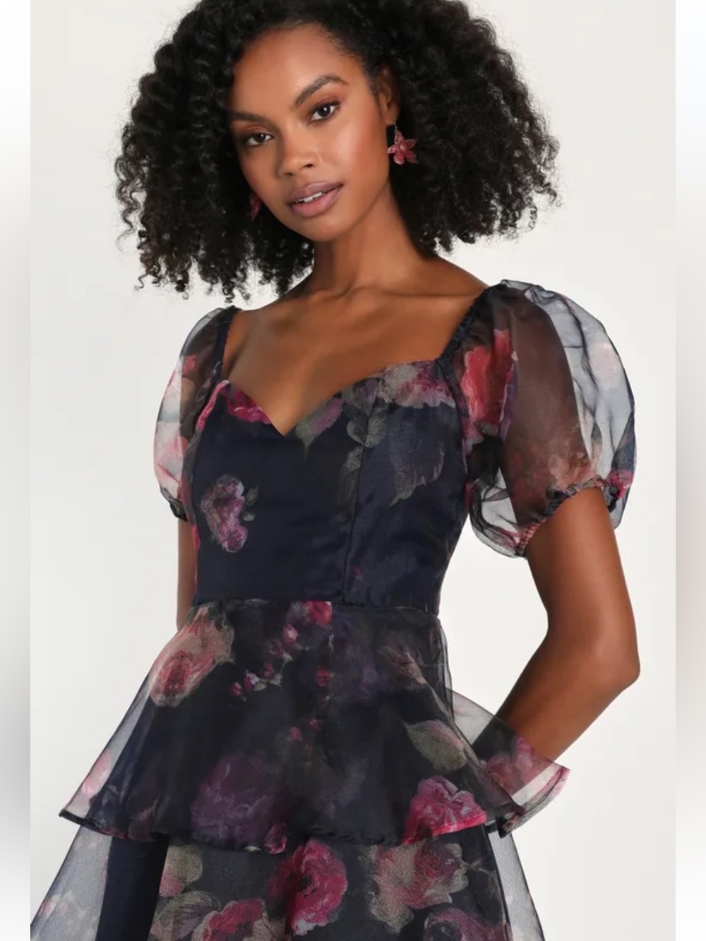 BNWT Lulus Oh-So Stunning Navy Blue Floral Organza Tiered Midi Dress - Picture 4 of 7